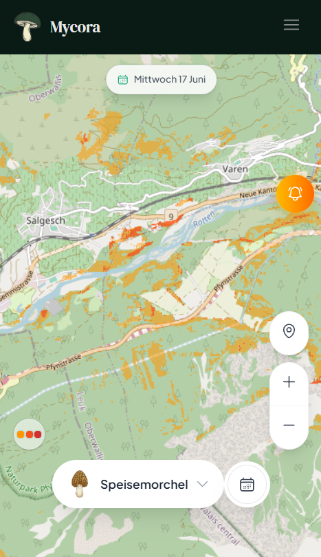 Screenshot der Schweizer Version der Mycora-App: Karte der günstigen Zonen mit Artenauswahl und Legende